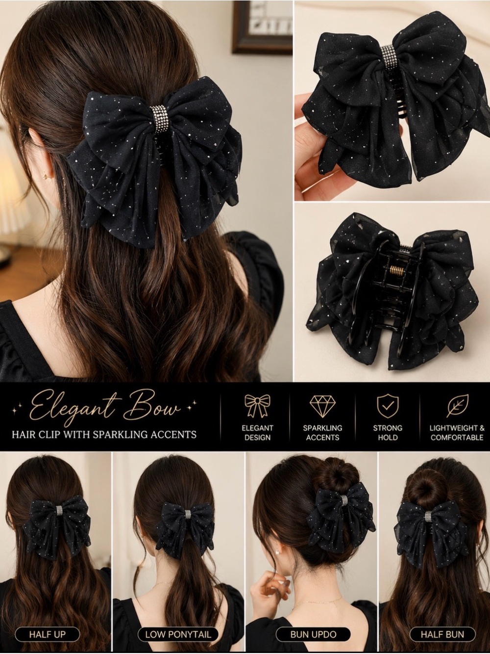 NWOT Black Oversized Bow Hair Clip Rhinestone Sparkle